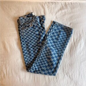 Reformation Blue Checkered Straight Leg Jeans